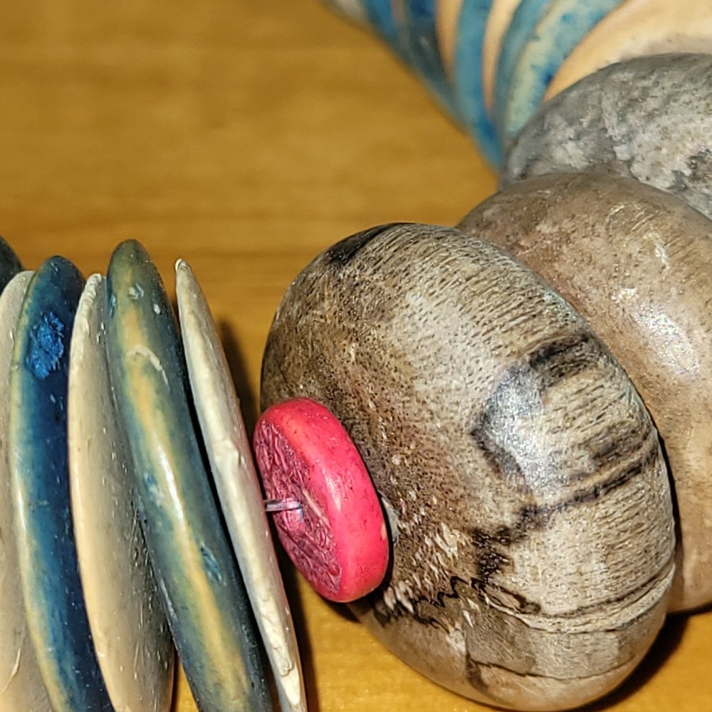 Vintage Dyed Bone Disc Bead Necklace Tribal Boho Blue Red 20" Heavy 85g